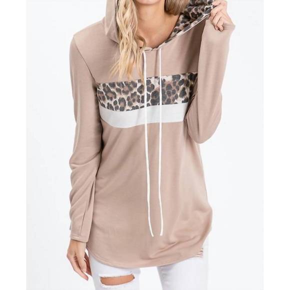 NEW 7TH RAY mocha leopard print hooded sweatshirt in mocha - Picture 2 of 3